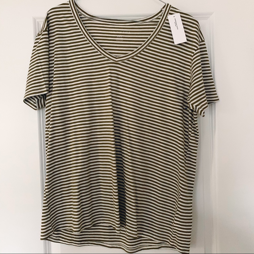 American Eagle Green and White Striped Shirt